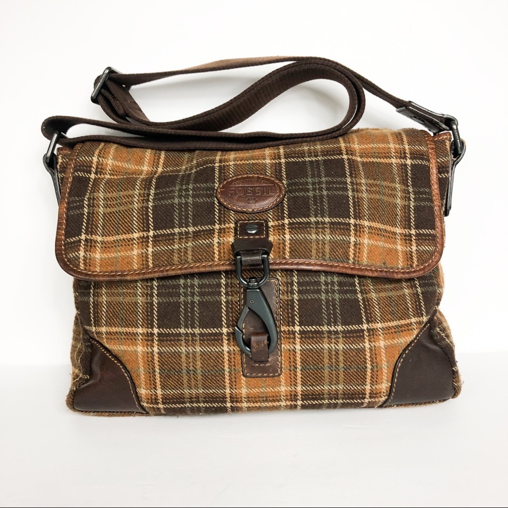 Fossil Alpine Plaid Brown Leather Messenger Bag